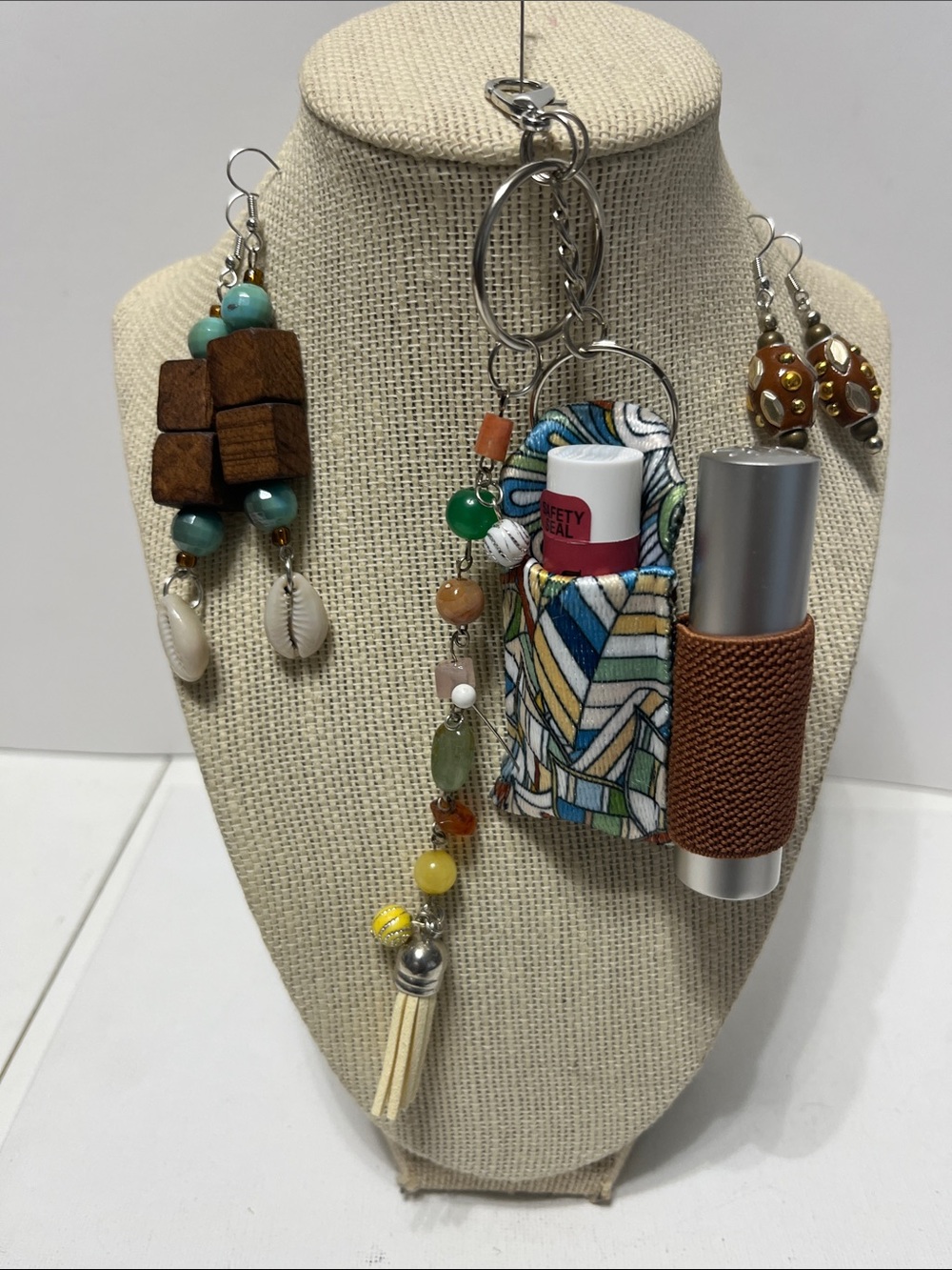 Gift Set Multicolor Double Lipstick Balm Keychain Purse Charm 2 pr Earrings
